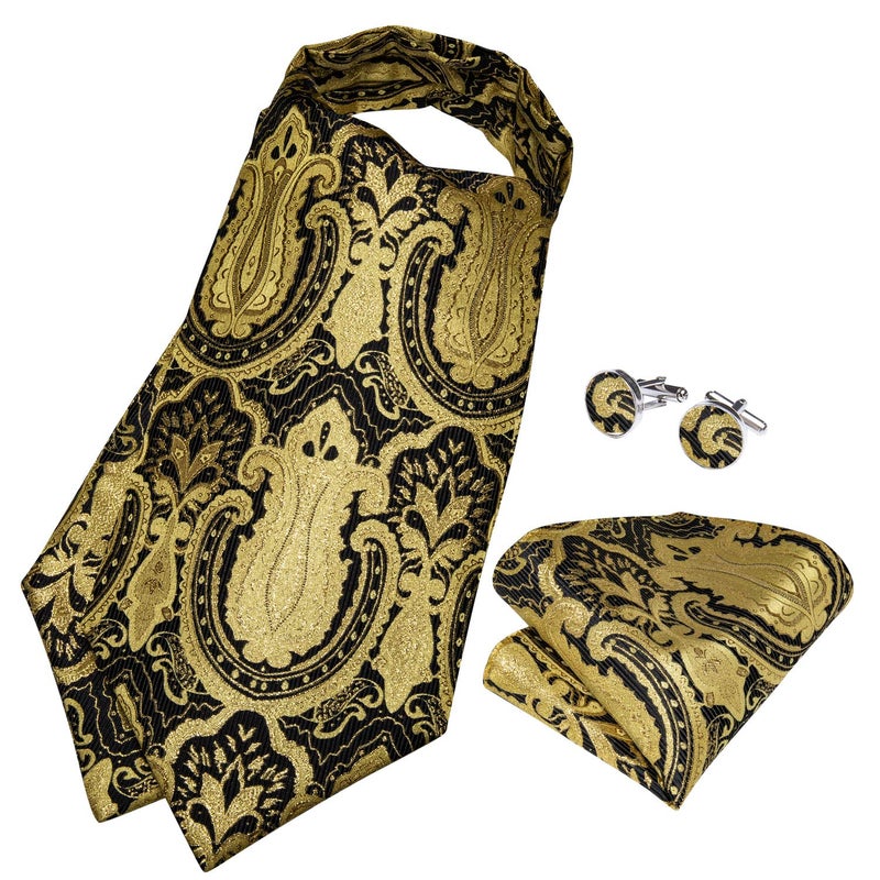 DiBanGu Black Gold Ascot Ties for Men Cravat Tie and Pocket Square Set Jacquard Silk Ascot Paisley Cravat for Men - Image 2